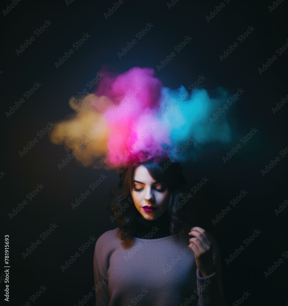 A woman with a cloud of colorful smoke on her head. AI.