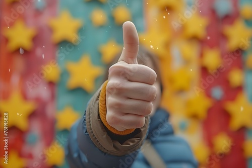 Positive Rating: Thumbs Up with Sparkling Five-Star Backdrop. Concept Emoticons, Customer Feedback, Satisfaction, Quality Service, Five-Star Experience