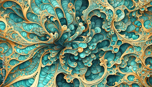 abstrakter Hintergrund einer Marmorierung aus natürlich flüssigen mehrfarbigen Wellen und fantasievollen Mustern in lebendig dynamischen Farbverlauf traumhaft kreativ bunter Textur in blau gelb türkis photo