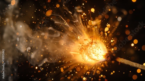 explosive ignition of matchstick with spark shower in the dark