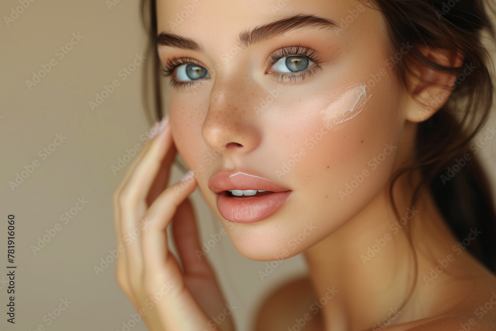 Graceful woman with skincare product on face Graceful woman with skincare product on face