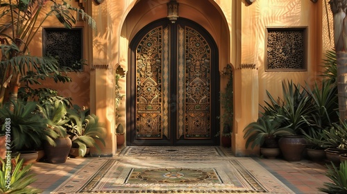 An Arabian villa entrance with a decorative wooden gate and mosaic tile pathway.
