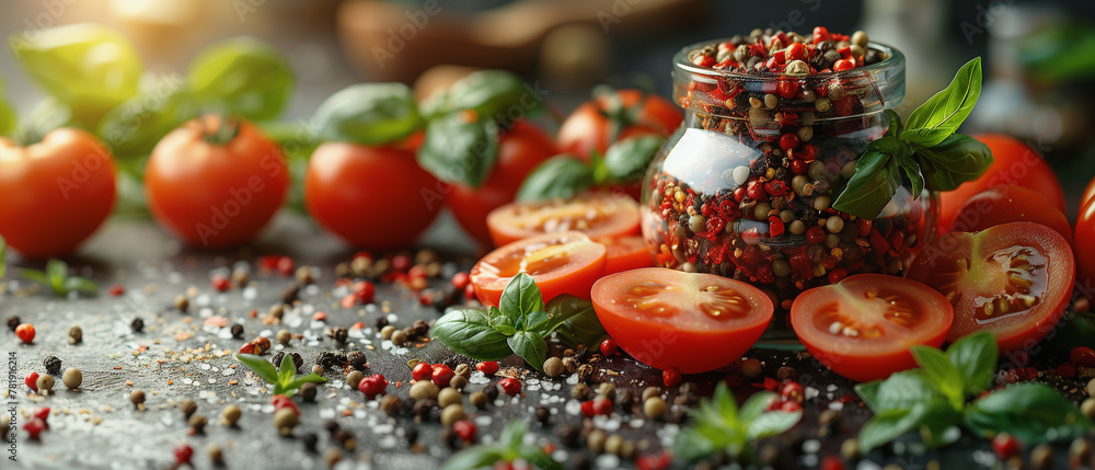 mouthwatering background with fresh ingredients on dark tabletop