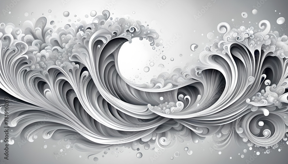 Fototapeta premium naturally dynamic moving waves of gray tones isolated with drops and splashes swirled full of liveliness and activity, template and backgrounds for bright design 