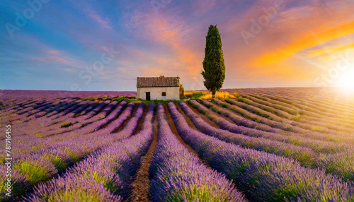 Lonely farmhouse and cypress tree in a field of blooming purple lavender at sunset or sunrise in a sunny summer day. Generative Ai.