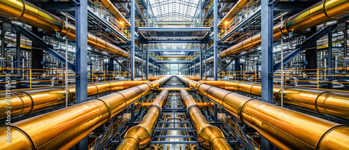 Array of industrial Pipes in and around Buildings Wallpaper Cover Background Brainstorming