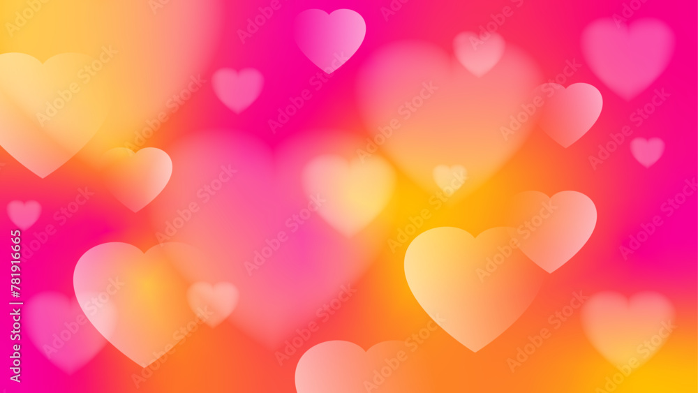 Colorful romantic background with hearts. Bokeh effect on pink and yellow background. Bright romantic background with bokeh hearts