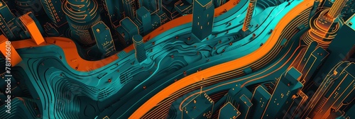 Abstract Tech Cityscape in Vibrant Neon Colors