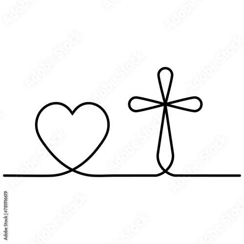 Love God tattoo icon, heart cross drawn in one line