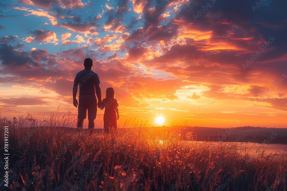 A heartwarming image of a father holding hands with his child, both silhouetted against a vibrant sunset sky