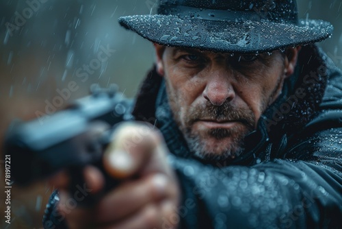 Intense image of a man with a hat aiming a gun, rain droplets visible on his clothes and face