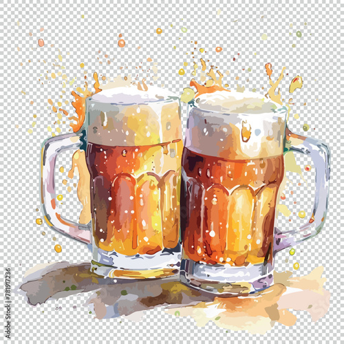 Watercolor beer glasses clipart, vector illustration on transparent background