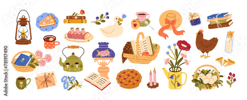 Cozy cottagecore set. Cute countryside farm items, sweet pie, cake, cup and t...