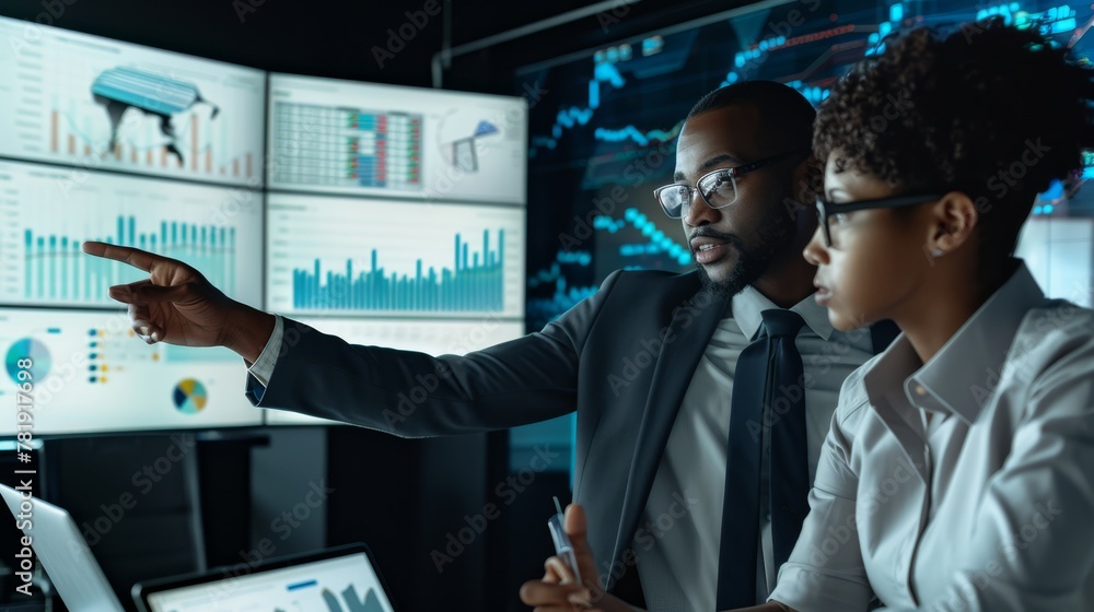 An financial analyst, in a sharp suit, presenting market trends on a digital screen to a man and an woman, both engaged and analyzing data on their laptops in a sleek, modern office An financial analyst, in a sharp suit, presenting market trends on a digital screen to a man and an woman, both engaged and analyzing data on their laptops in a sleek, modern office