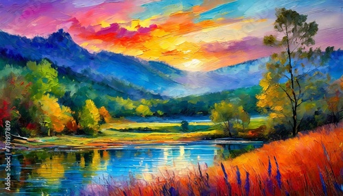 beautiful colorful painting depicting a serene landscape, captured  backgrounder art wallpaper  photo