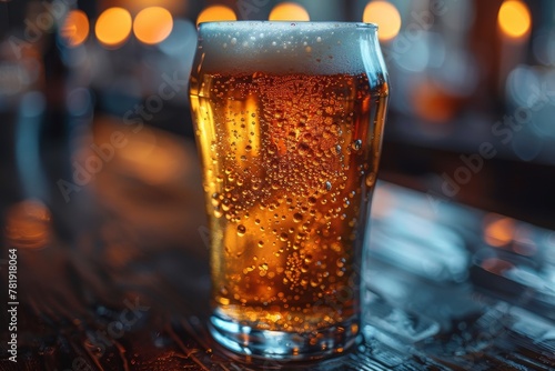 A freshly poured beer in a glass with bubbles and foam, captured in a warm ambiance, is an inviting image for beverages