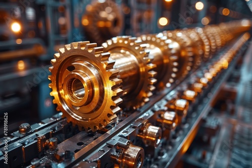 Precision engineering is exhibited in the close-up of the shiny golden gears in a complex industrial machine