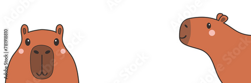 Capybara set. Two water pig banner. Cute cartoon kawaii funny baby character. Smiling face head. Sticker print, greeting card template. Childish style. Flat design. White background. Isolated. Vector