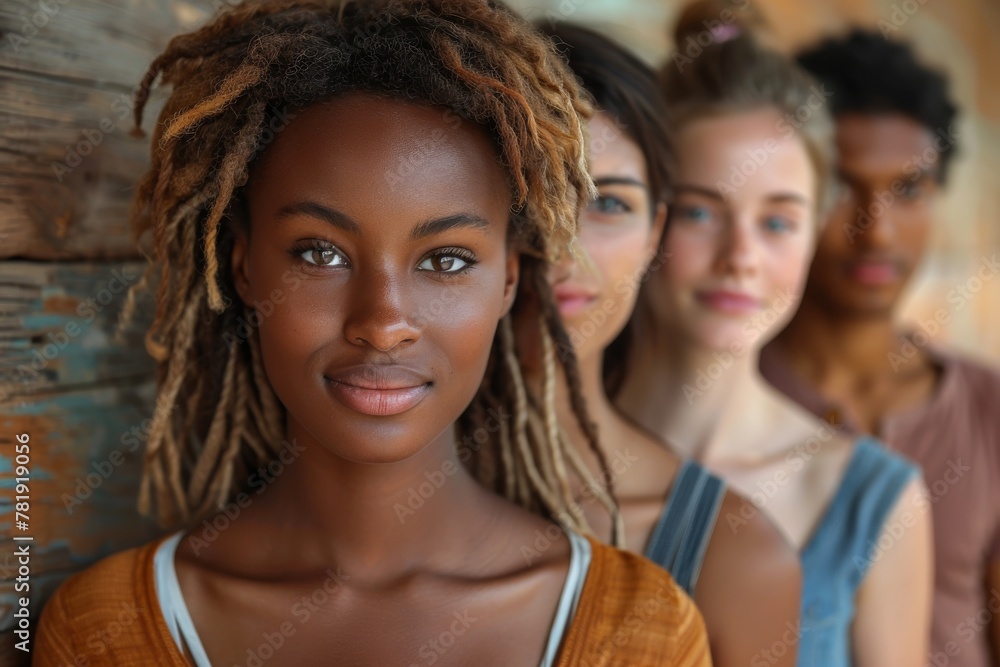 Serene young woman smiling with soft-focused friends in the background, expressing unity and friendship