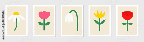 Abstract flower set. Flowers, leaves, plants. Daisy, rose tulip, chamomile, lily of the valley. Childish simple style. Hand drawn posters. Modern floral elements. Flat design. White background Vector