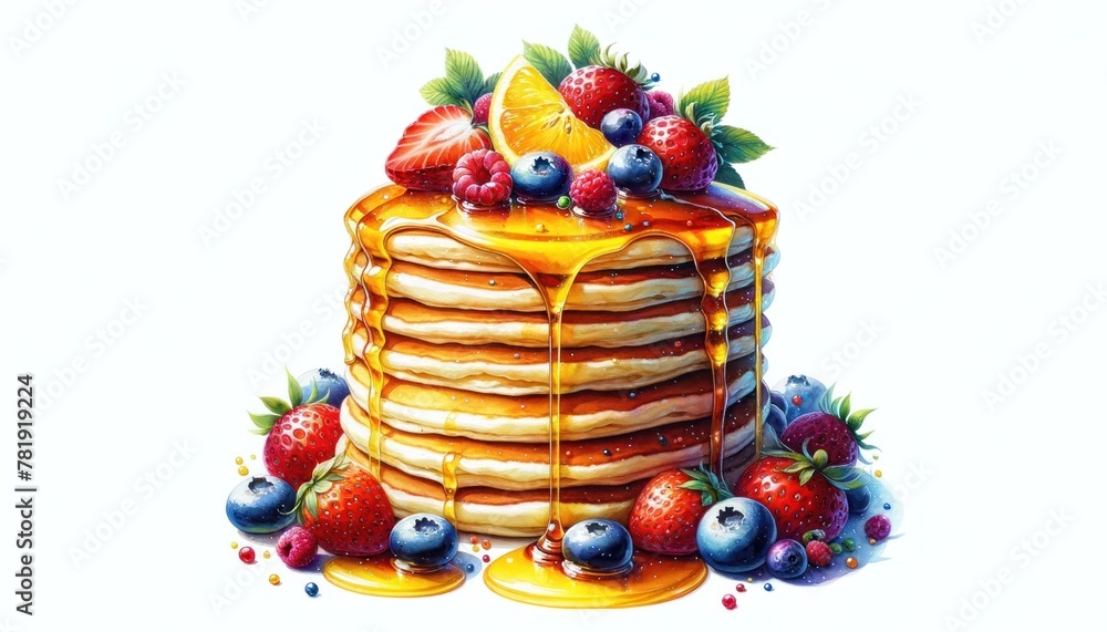 Bright watercolor stack of pancakes, syrup drizzling, with summer berries on top, on white. 