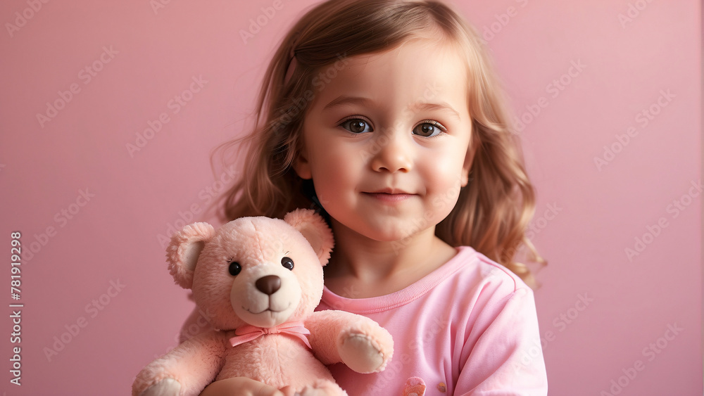 A charming toddler in a pink shirt hugs her teddy bear against a pink backdrop, radiating happiness A charming toddler in a pink shirt hugs her teddy bear against a pink backdrop, radiating happiness