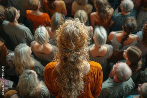 A top-down view of a woman with curly hair among an audience, depicting attention and gathering