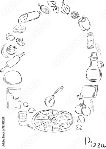 Graphic pizza poster, hand drawn vector illustration. Ingredients for Italian restaurant or mediterranean food. pizza food elements clip art. Delicious Italian appetizer
