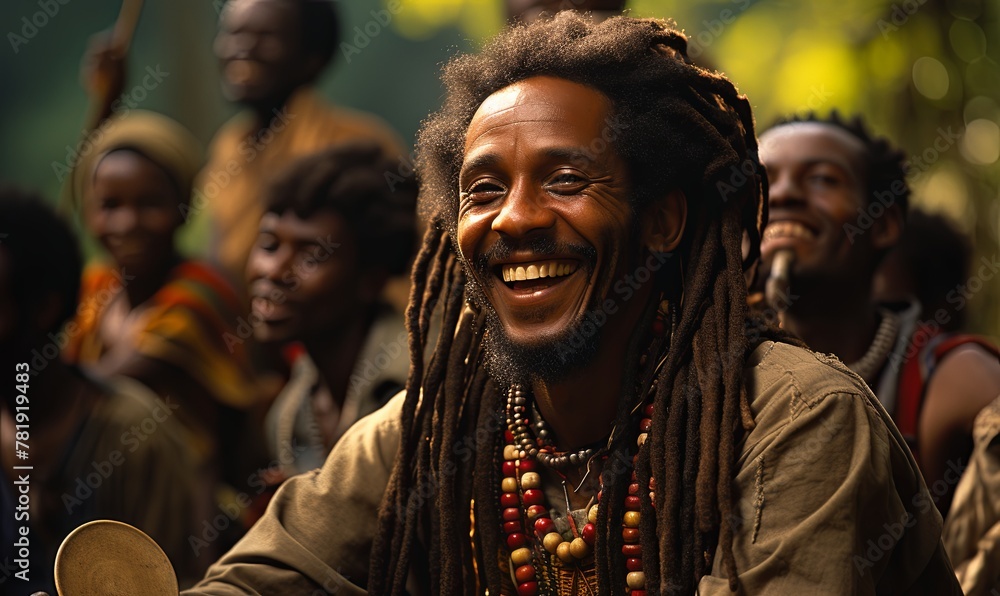 Smiling Man With Dreadlocks in Front of Group