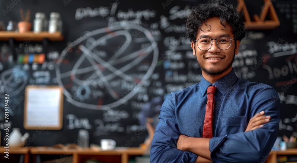 A male teacher Standing in Front of Chalkboard A male teacher Standing in Front of Chalkboard