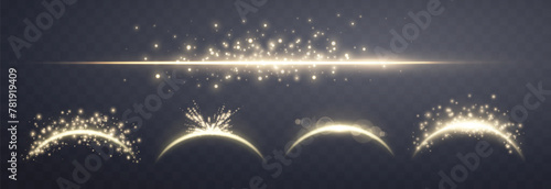 Gold magic arches set with glowing particles, sunlight lens flare. Neon realistic energy flare arch. Abstract light effect on a dark background. Vector illustration.