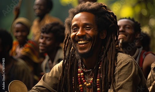 Smiling Man With Dreadlocks in Front of Group