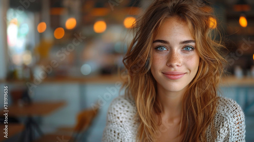 Image of young beautiful joyful woman smiling while working with laptop in office.