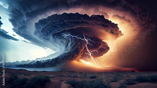 dramatic portrayal of an immense supercell thunderstorm, with swirling clouds and intense lightning strikes illuminating the scene   photo