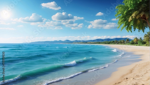 Pristine sandy beach with foamy waves crashing gently on the shore  surrounded by lush greenery and clear blue skies