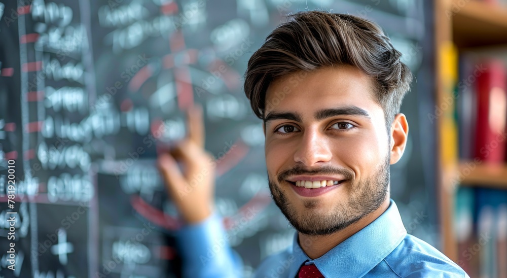 Man in Blue Shirt and Tie Standing in Front of Blackboard Man in Blue Shirt and Tie Standing in Front of Blackboard