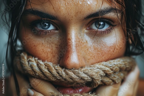 Intense portrait of a woman's face partially bound by a coarse rope, evoking a sense of silence or restraint © Larisa AI
