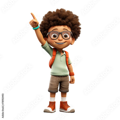 Afro boy pointing with index finger, 3D style, isolated on blank background.