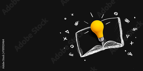 An open book with a lightbulb - flat lay