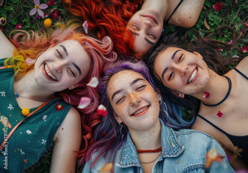 Top view of four happy friends with colorful hair lying on the grass, smiling and looking at the camera. They are dressed casually in pastel colors.