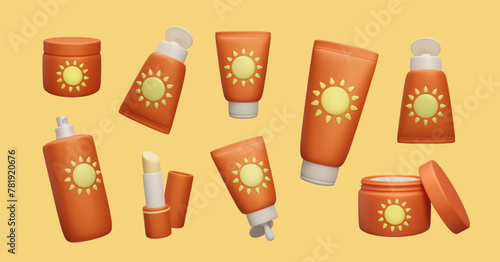 Set of colorful cartoon style 3D beauty sunscreen cosmetic products. Different sunblock UV protection bottles: cream jar, spray, lotion tube, lipstick vector illustration collection. Summer skincare.