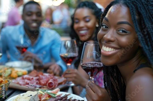 A group of friends were enjoying wine and food at an outdoor restaurant, smiling while having fun together