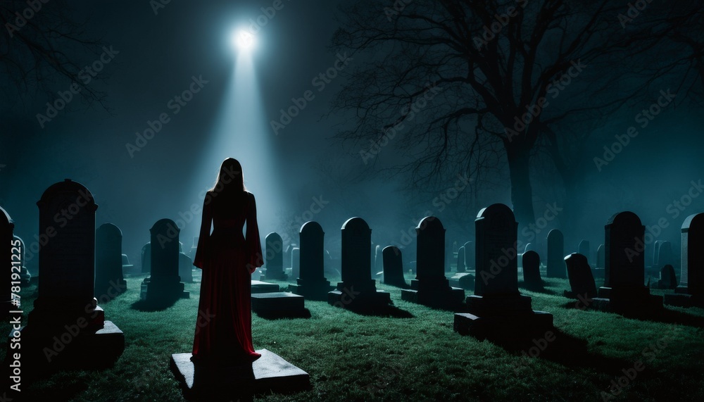A mysterious figure in a red cloak stands in a foggy graveyard, a beam of light from above creating an eerie atmosphere.. AI Generation A mysterious figure in a red cloak stands in a foggy graveyard, a beam of light from above creating an eerie atmosphere.. AI Generation