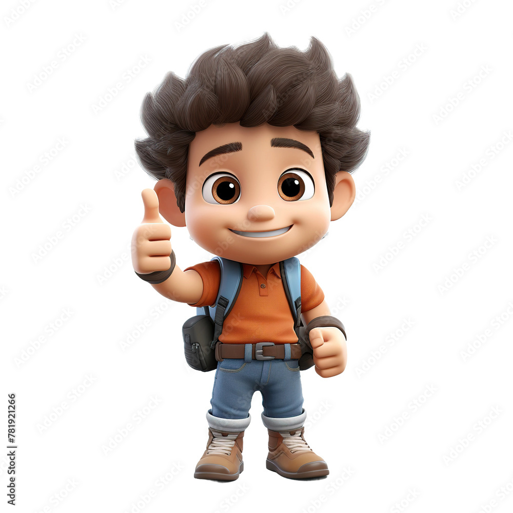 Cute boy showing thumbs up, 3D style, isolated on blank background.