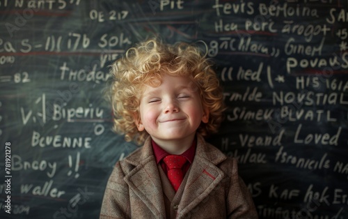 Young Boy in Suit in the front of Chalkboard