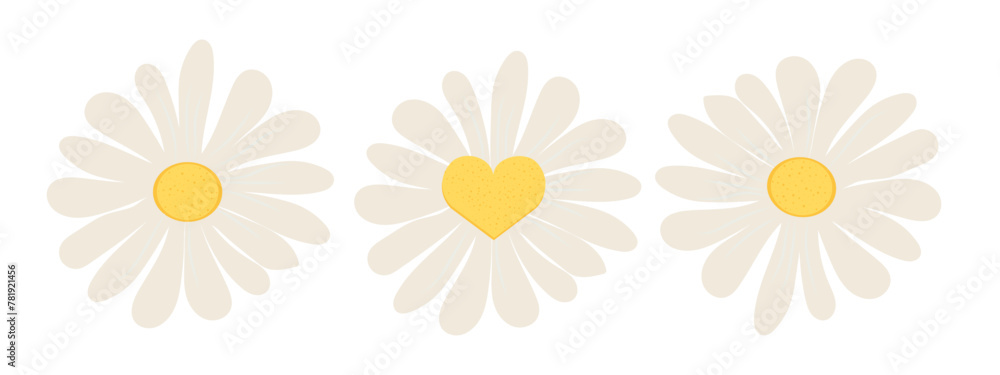 Set flower daisy floral decorations, cute stickers, collection different flowers, heart. Cute simple print