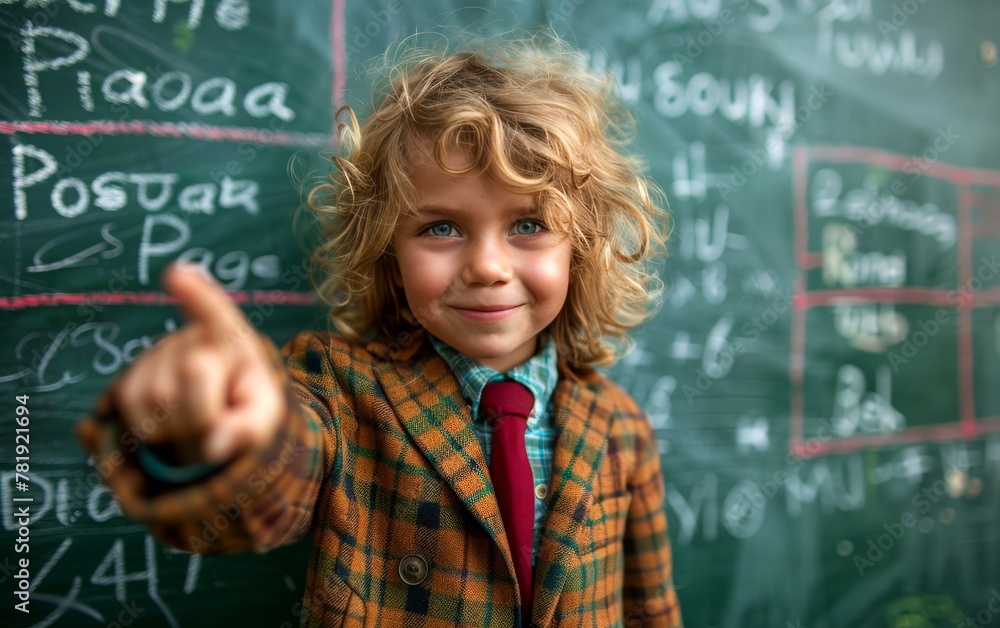 Young Boy in Suit Pointing at Chalkboard Young Boy in Suit Pointing at Chalkboard