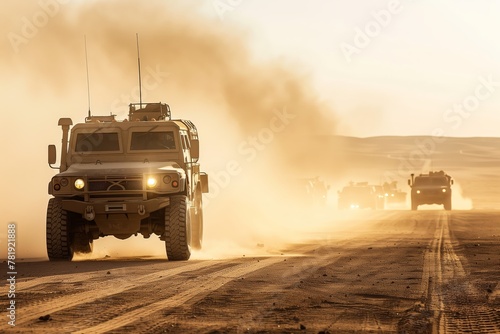 Military vehicles driving through desert photo