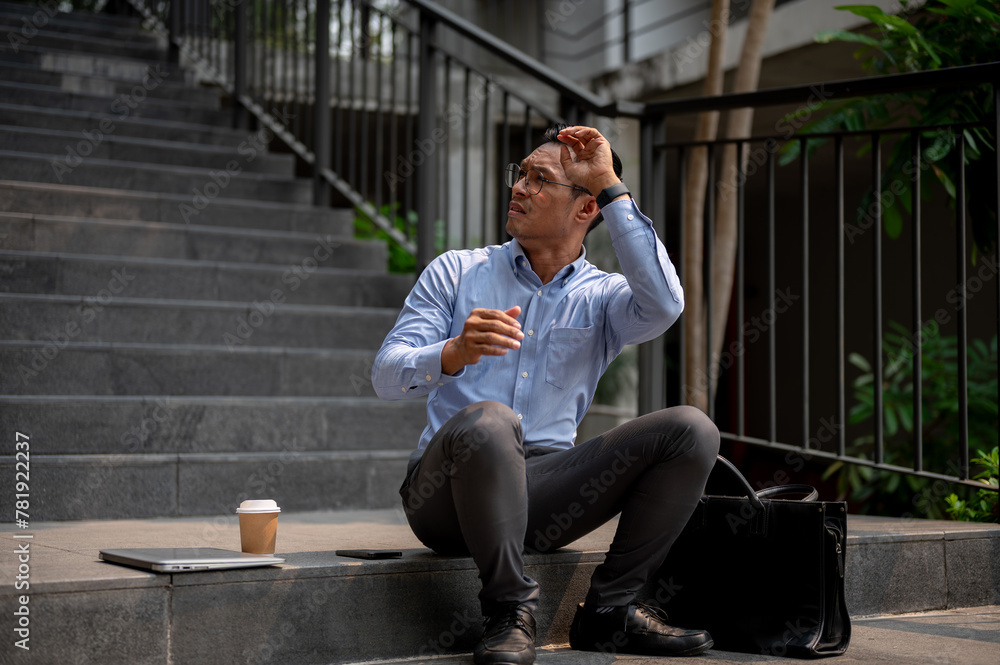 An Asian businessman sits on steps, looking upward with his hand shielding his eyes from the sun. An Asian businessman sits on steps, looking upward with his hand shielding his eyes from the sun.
