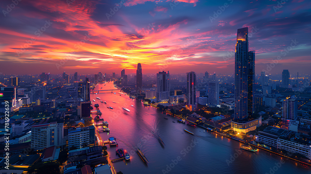 Aerial view of Bangkok skyline at dusk with modern business building, condominium, apartment and hotel along Chaophraya River.